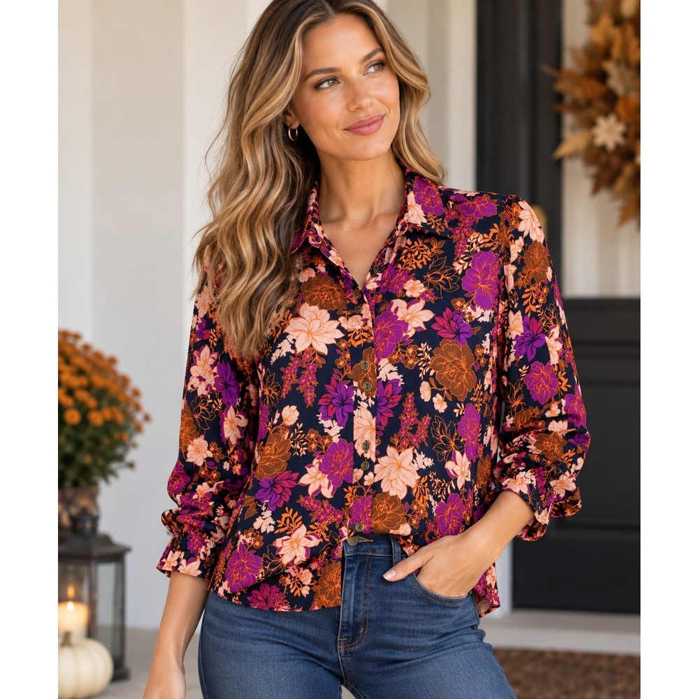 Democracy Floral Button-Front Blouse Navy Purple Boho Fall Size S